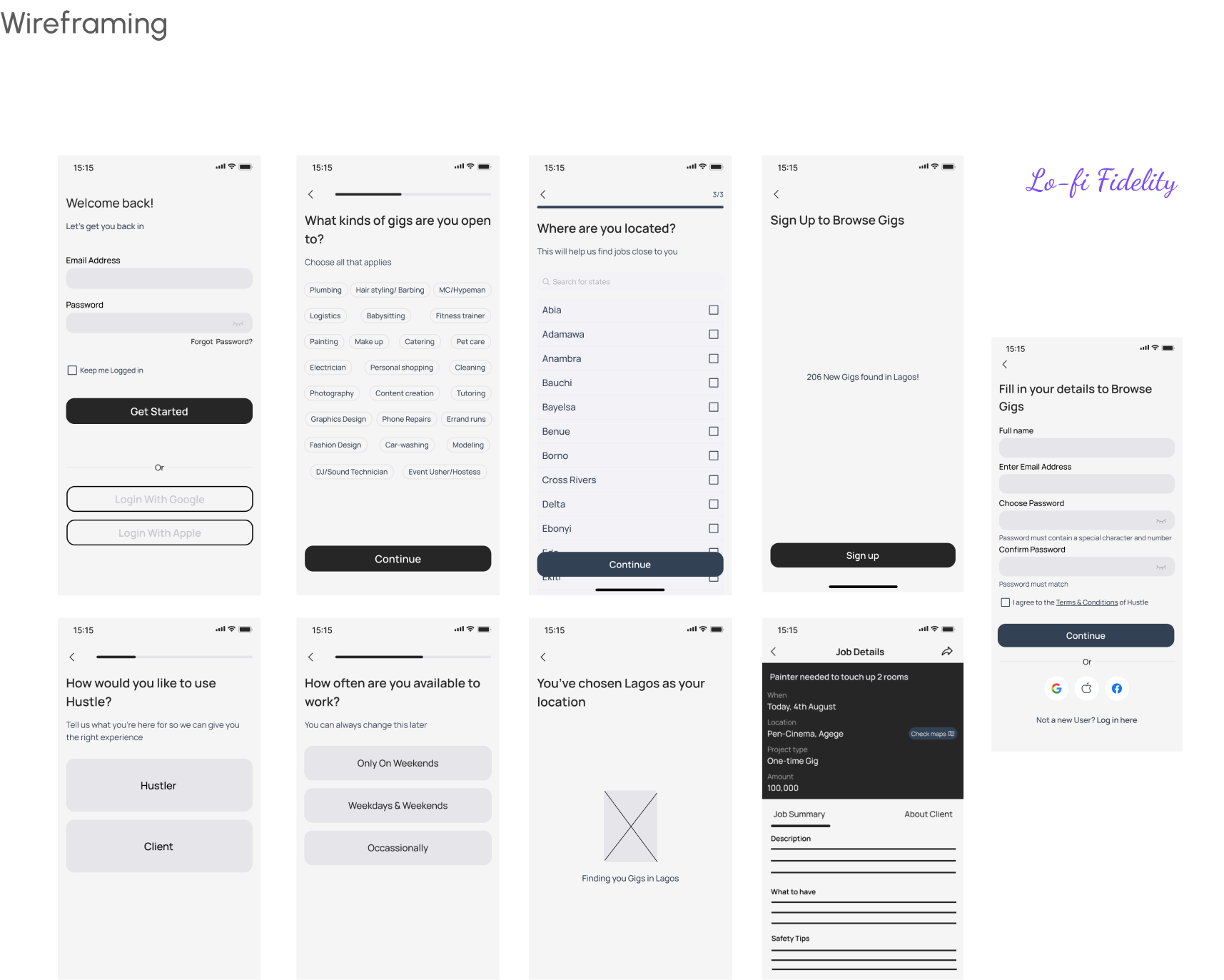Wireframing — lo-fi fidelity screens for onboarding, gig browsing, location, sign up and job details